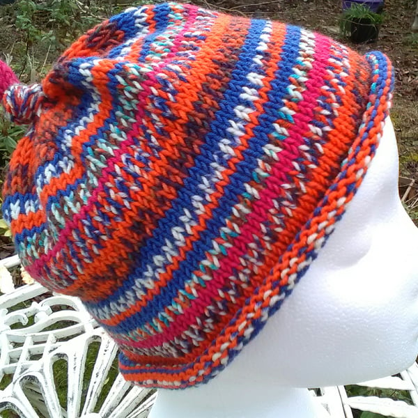 Handknit KNOTTY TOP Merino BEANIE Stripey Jacquard child teen adult small