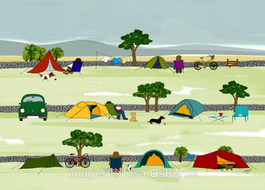 Camping - signed A5 print from illustration of a busy campsite