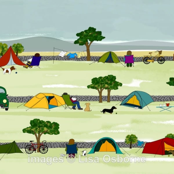 Camping - signed A5 print from illustration of a busy campsite