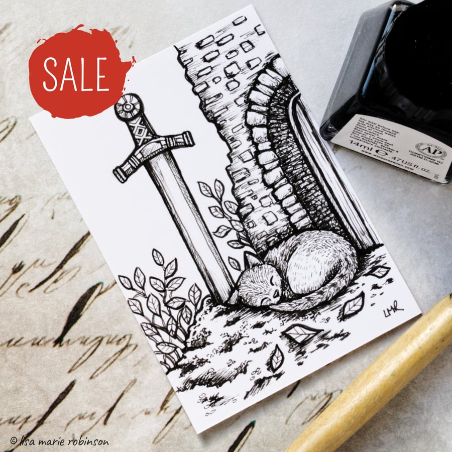 SALE - Sword in Stone Sleeping Cat ACEO - Inktober 2019 - Day 15 - Ink Drawing