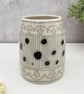 Monochrome Vase with Abstract Flower & Spots Pattern - Handmade Pottery