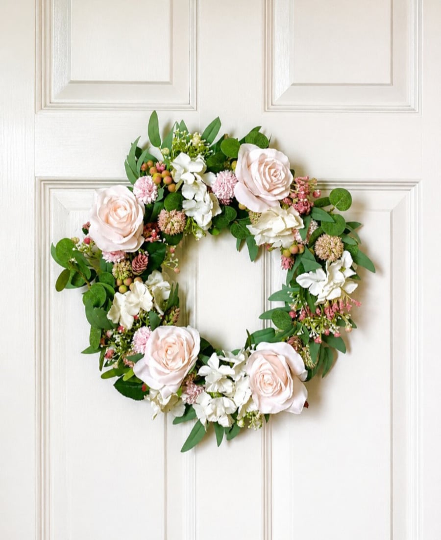 Handmade Blush Rose Door Wreath - Artificial Floral Wreath