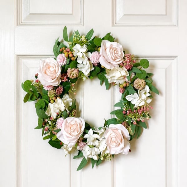 Handmade Blush Rose Door Wreath - Artificial Floral Wreath