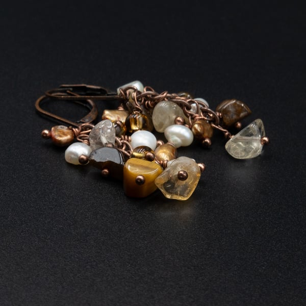  Freshwater pearl, tiger eyer citrine cluster drop copper earrings