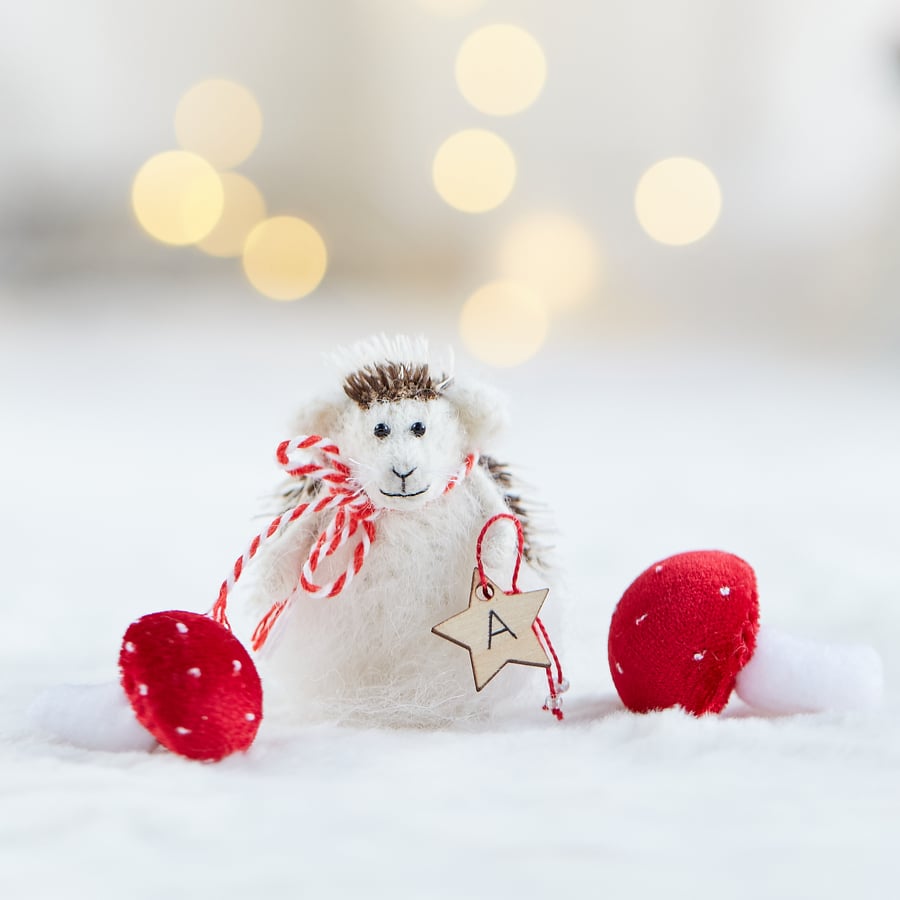 Baby Hedgehog with 2 Toadstools, hanging Christmas ornaments