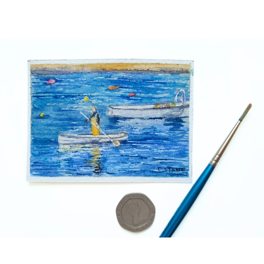Original ACEO Miniature Watercolour Painting  Lone Boatman