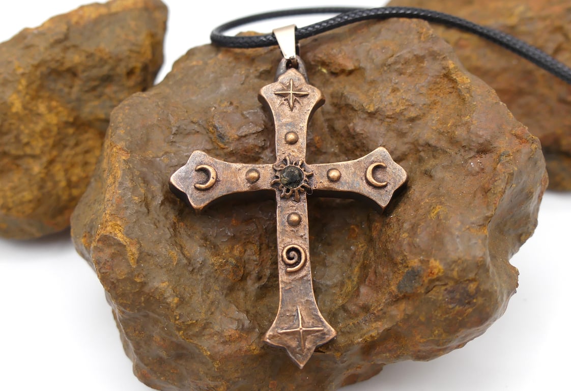 Large Copper Cross Pendant, Sun, Moons, Stars, Spiral with Citrine Gem Necklace.