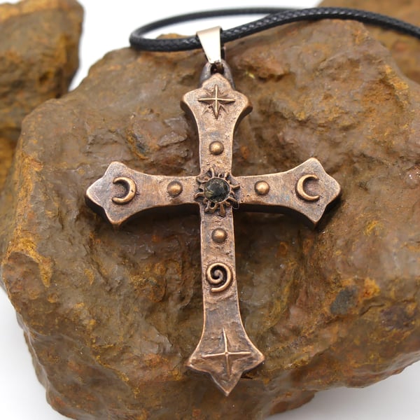 Large Copper Cross Pendant, Sun, Moons, Stars, Spiral with Citrine Gem Necklace.