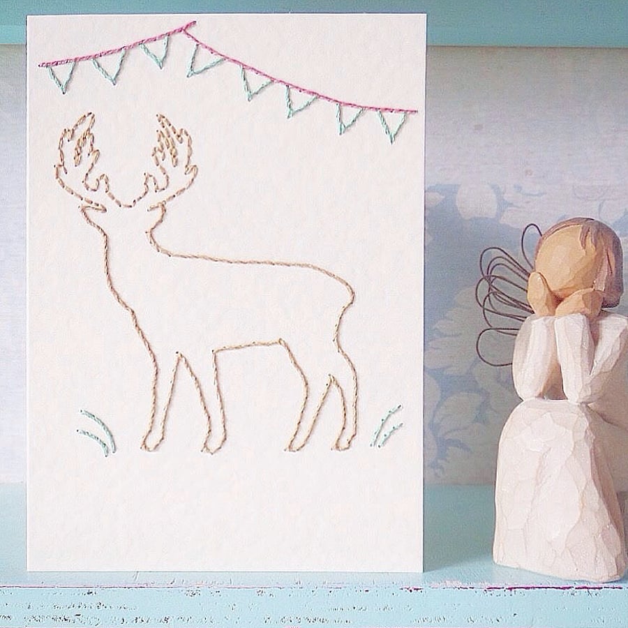 Stag Card. Hand Sewn Card.  Scottish Card. Animal Card. Embroidered Card.