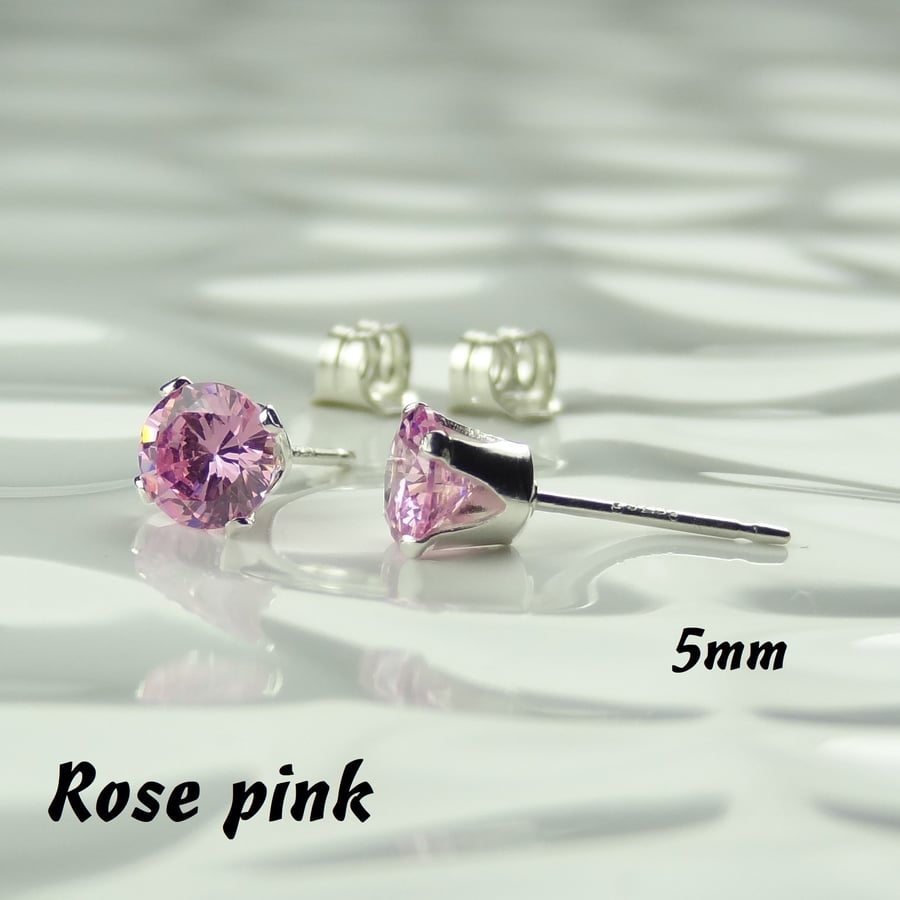Cubic Zirconia stud earrings, sterling silver or 14k gold filled, rose pink, 5mm