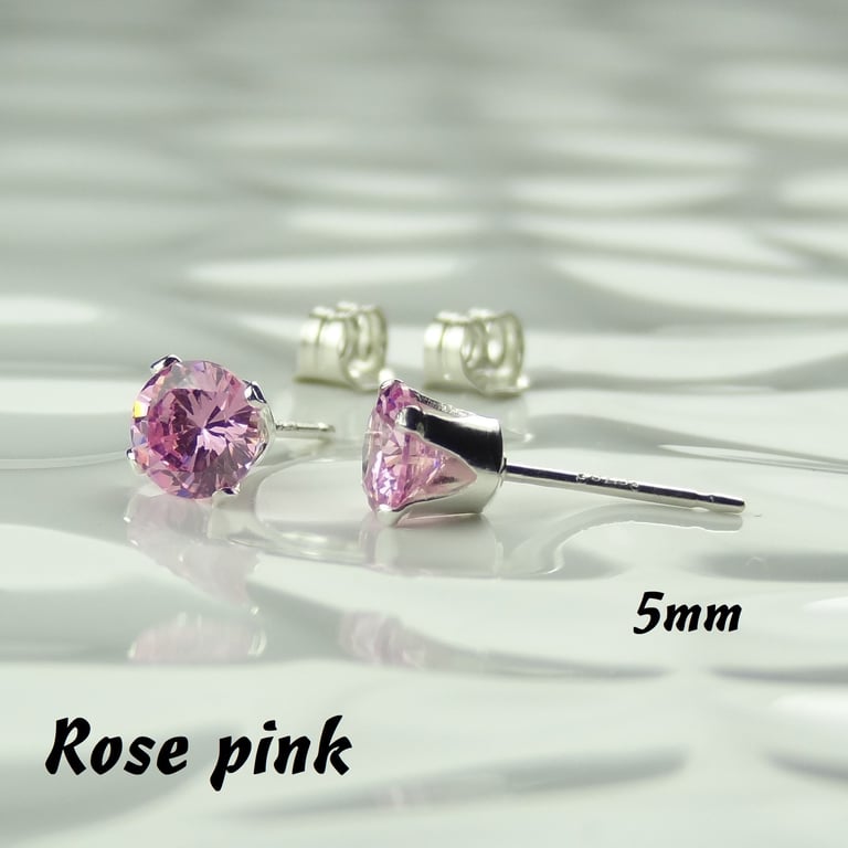Cubic Zirconia stud earrings, sterling silver or 14k gold filled, rose pink, 5mm