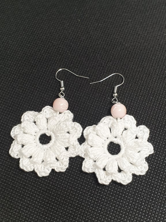 Handmade Crocheted white floral earrings