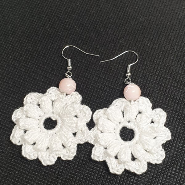 Handmade Crocheted white floral earrings