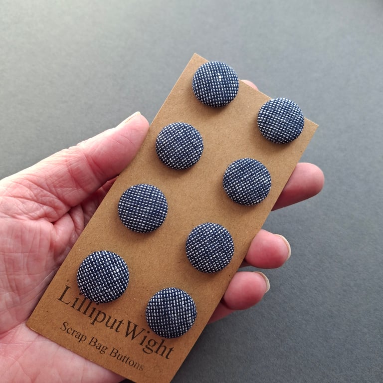 Set of eight scrap bag buttons - in blue and white woven fabric