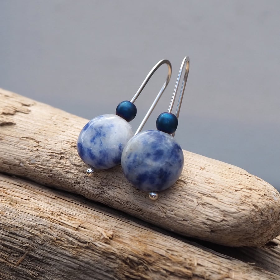Earrings - Blue sodalite and hematite silver drop earrings, argentium silver 