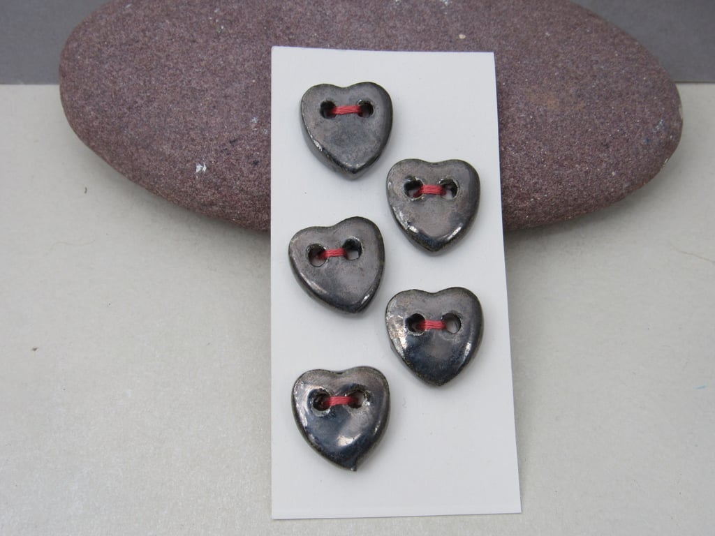 5 Small Heart Shaped Metallic Silver Handmade Ceramic Buttons