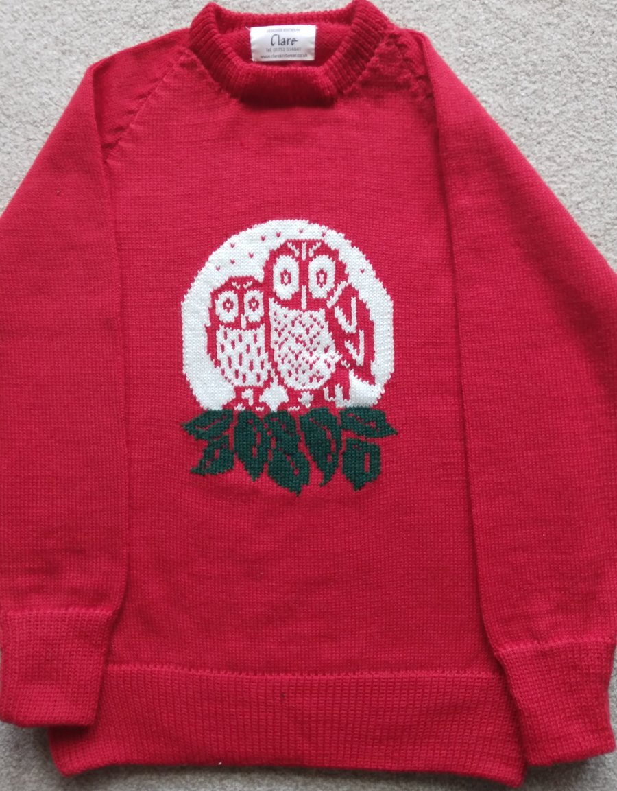 Jumper with owl motif. Made to order in machine washable wool, any colour.