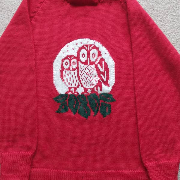 Jumper with owl motif. Made to order in machine washable wool, any colour.