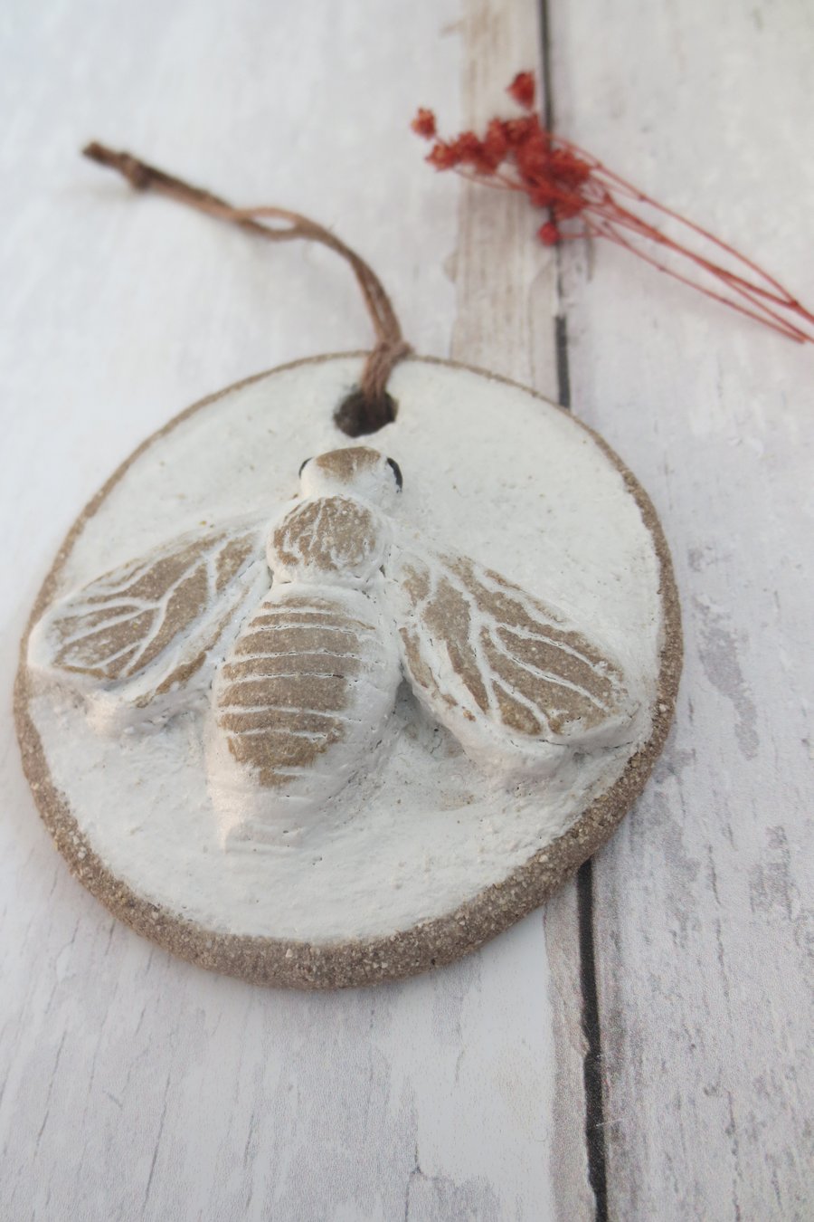 WALL DECORATION hand-built stoneware small bee plaque ornament in white