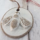 Hand-built stoneware small bee wall plaque ornament in white