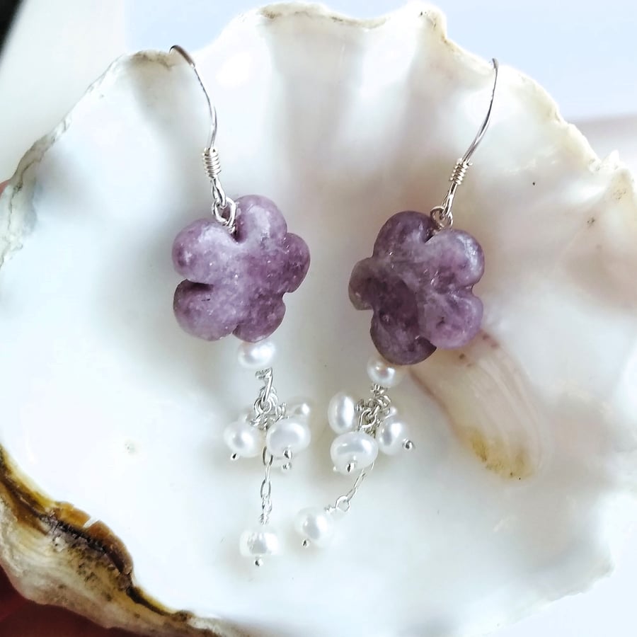 Purple Zoisite Gemstone Carved Flower and Freshwater Pearl Drop Silver Earrings