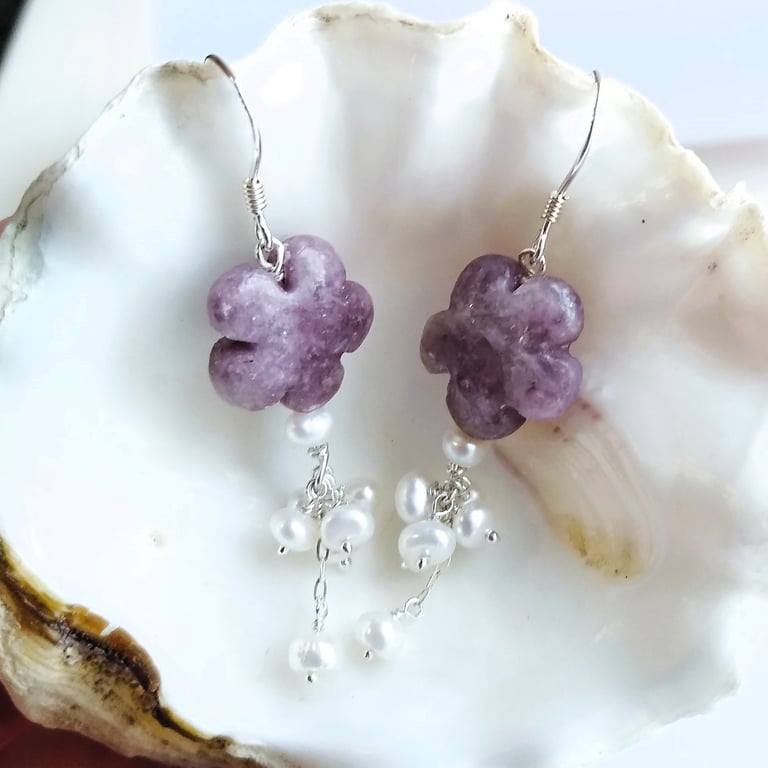 Purple Zoisite Gemstone Carved Flower and Freshwater Pearl Drop Silver Earrings