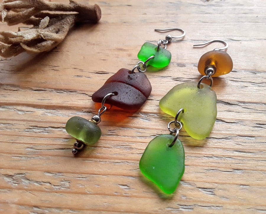 Beach Boho Dangle Earrings: Ambers & Greens