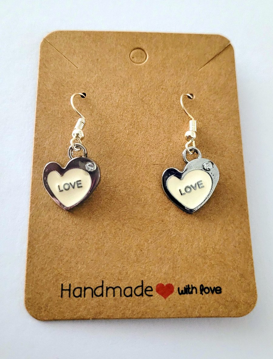 Silver & White Love Heart Charm Dangle Earrings on Silver Plated Earring Hooks