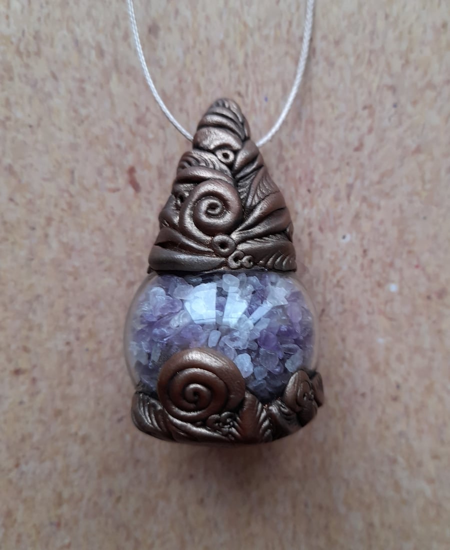 Lovely Amethyst Chips Round Bottle with Epoxy Clay Pendant 