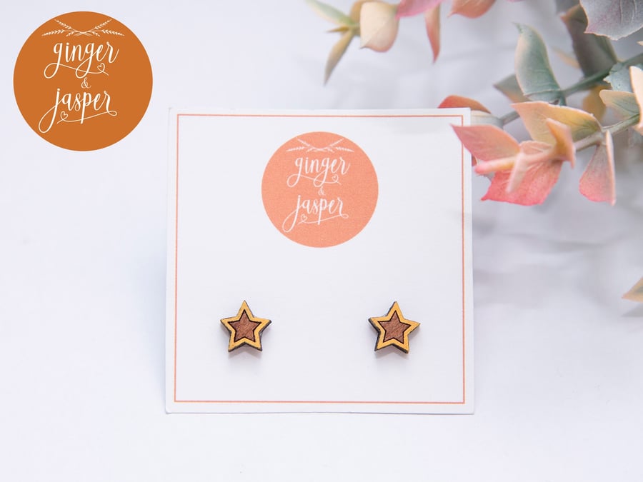 Hand Painted Wooden Star Earrings, Cute Wood Star Shaped Studs, Laser Cut Wood