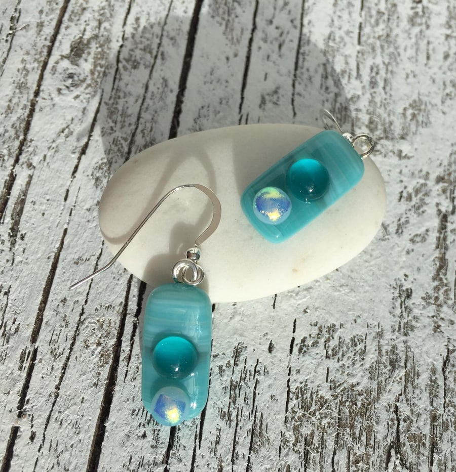 Teal Fused Glass Drop Earrings with Dichroic Detail on Silver Wires