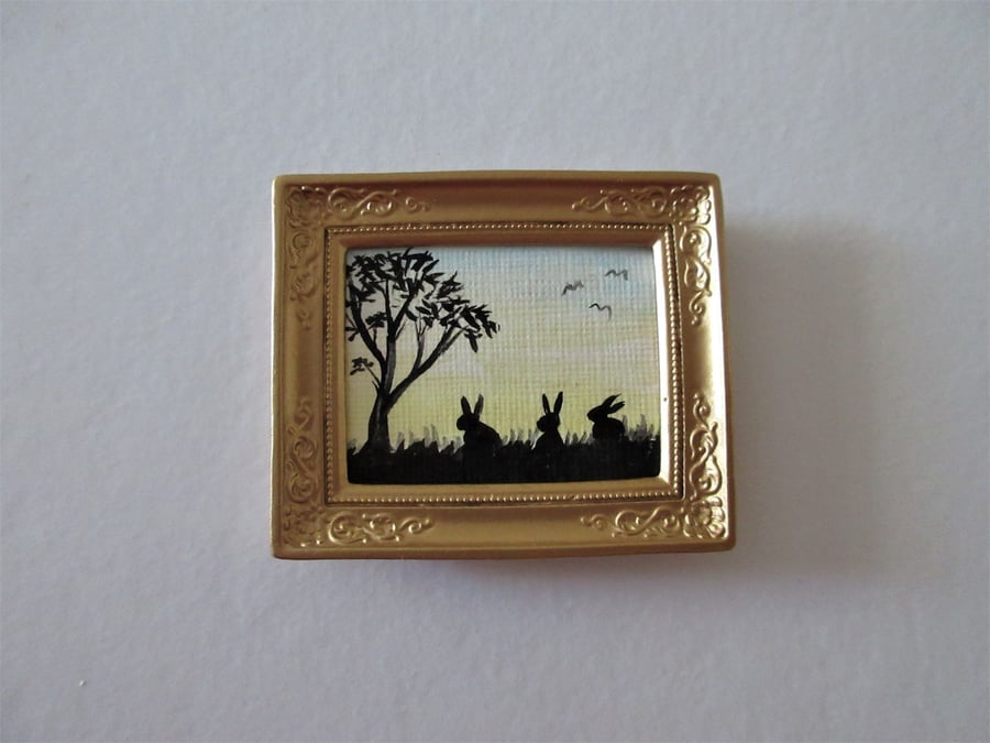 Doll House Miniature Original Painting Framed with Bunny Silhouette Rabbit 