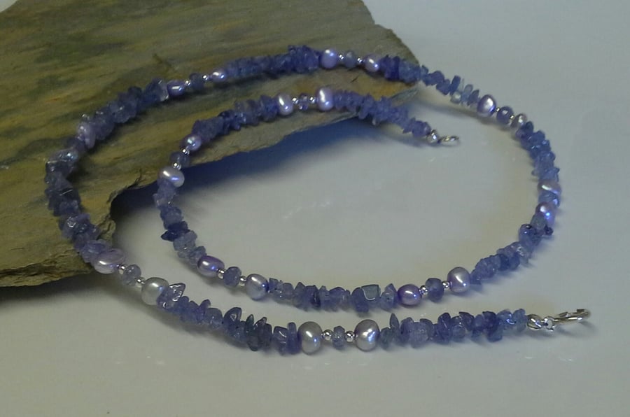 AA grade Genuine Tanzanite & Freshwater Pearl  Necklace 925 Sterling Silver