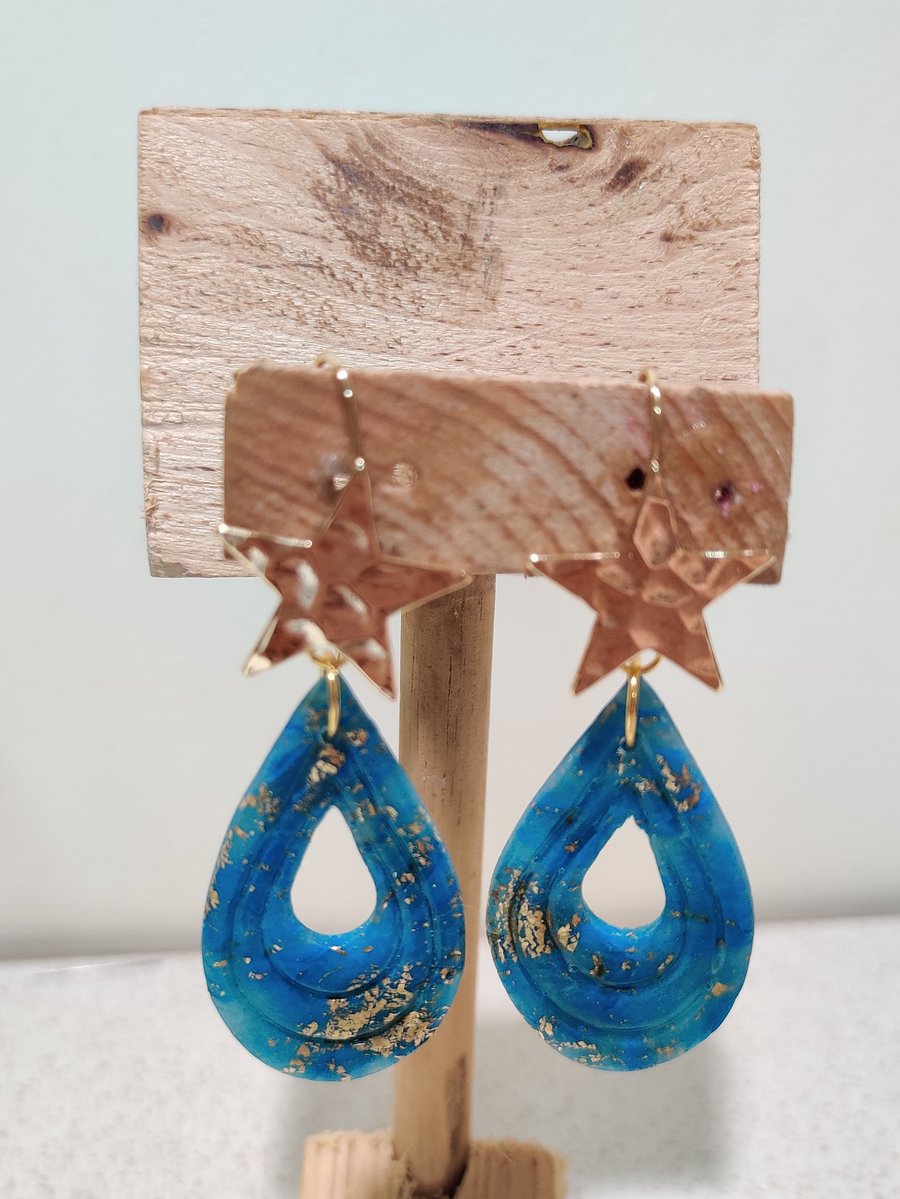 Blue crystal star drop dangle clay  earrings