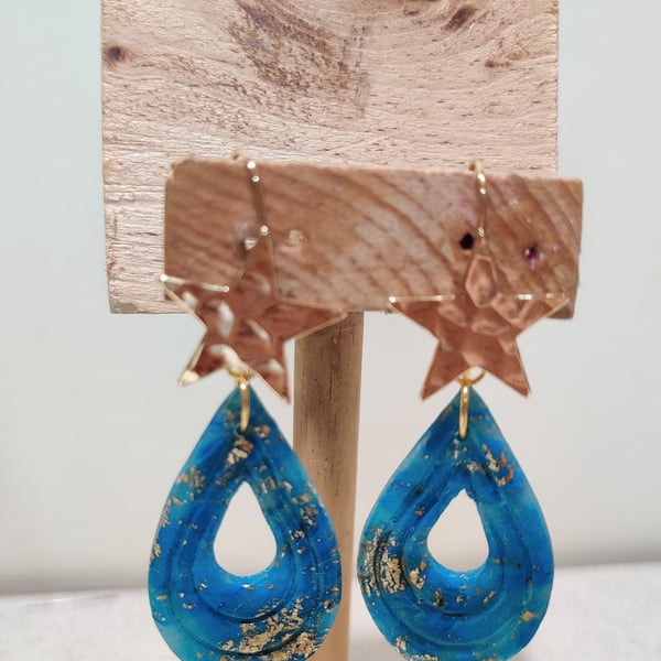 Blue crystal star drop dangle clay  earrings