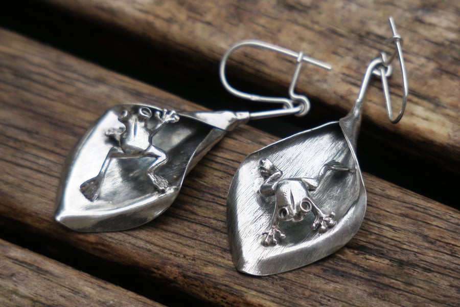 Frog On A Leaf Earrings, Silver Leaf Earrings, Sterling Silver Frog Earrings
