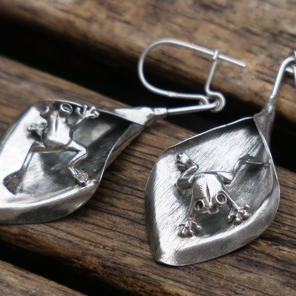 Frog On A Leaf Earrings, Silver Leaf Earrings, Sterling Silver Frog Earrings