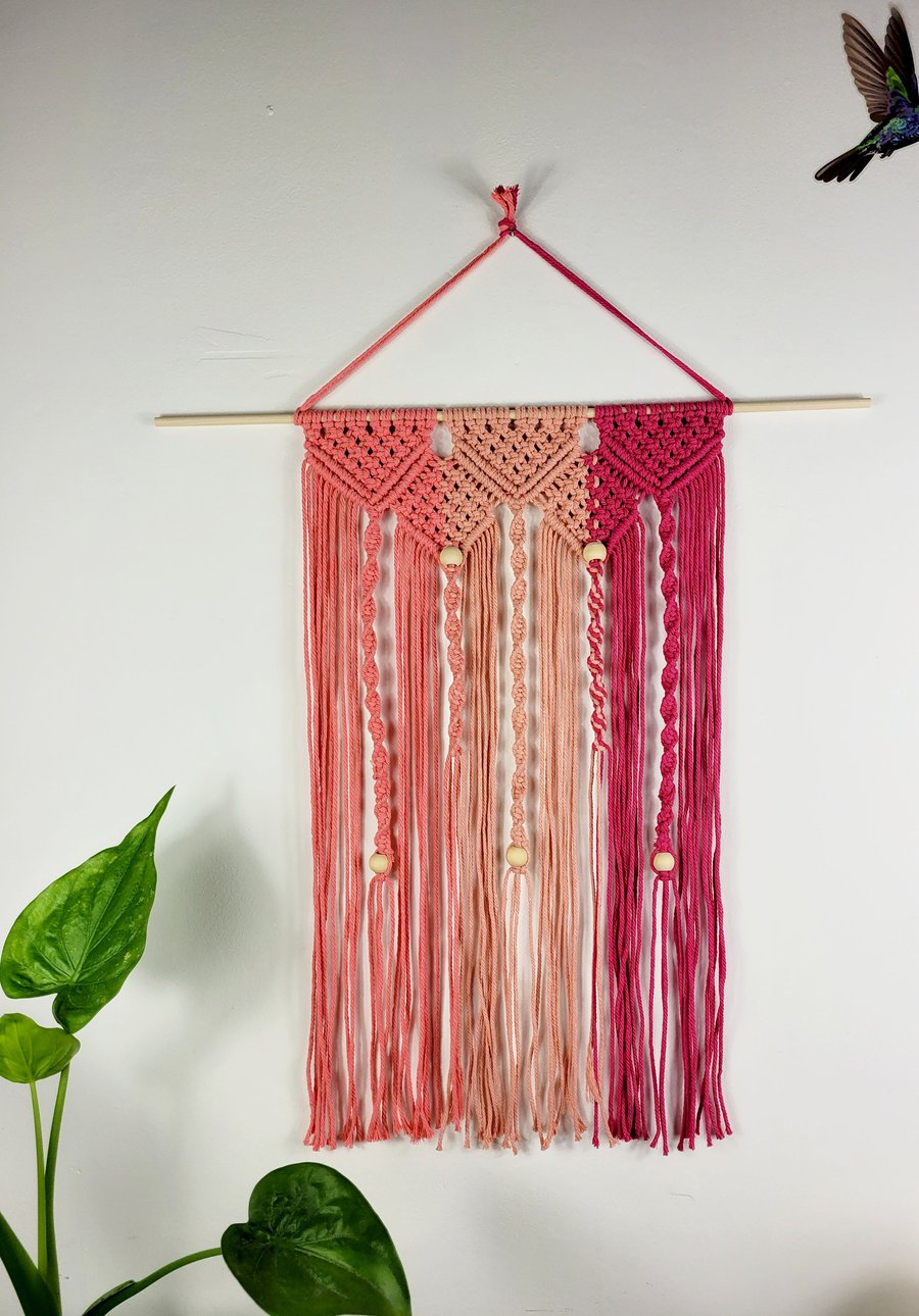 Pink Macrame Wall hanging, Bohemian wall art, wall decor, three- tone
