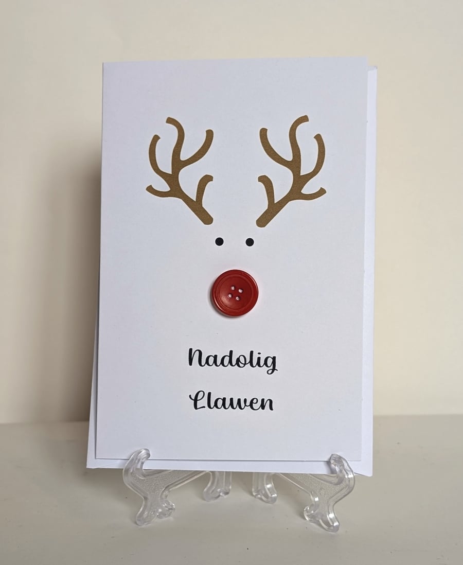 Nadolig Llawen (Merry Christmas) card with a red nose button reindeer 