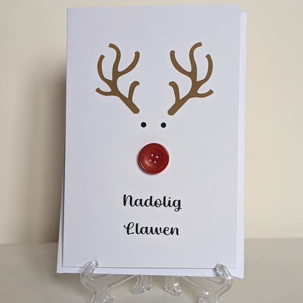 Nadolig Llawen (Merry Christmas) card with a red nose button reindeer 