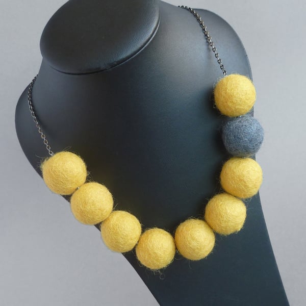 Bright Yellow and Grey Felt Bead Necklace - Chunky Lemon Colour Block Jewellery