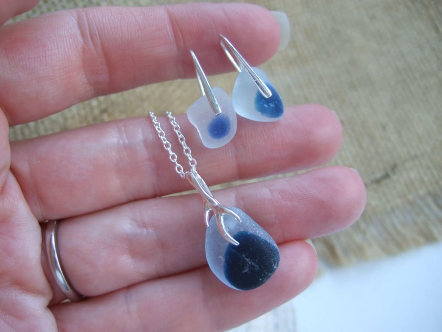 Blue Seaham sea glass earring and necklace set, blue sea glass jewelry set, ster