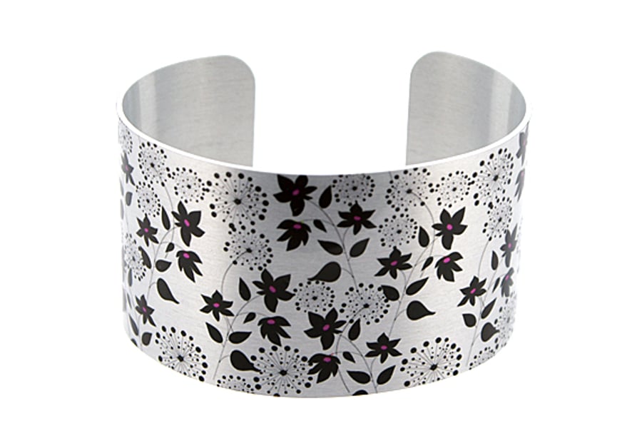 Cuff bracelet, brushed silver jewellery bangle with black wild flowers. C154