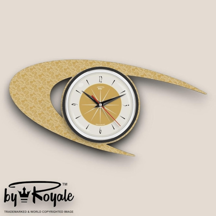 Mid Century Modern Royalexe™ Laminate Clock By Royale The Boomerang Burnt Gold