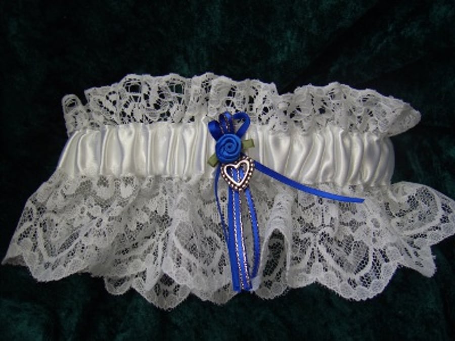 Handmade Lace and Ribbon Garter with Blue Ribbon and Blue Ribbon Rose trim