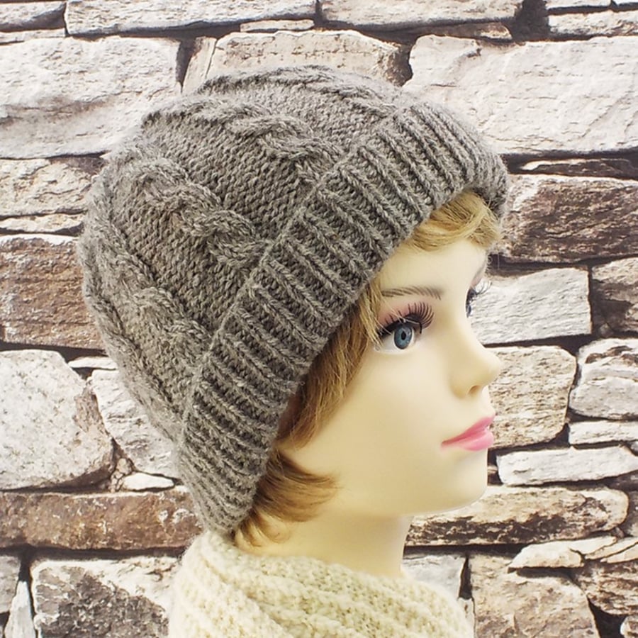Pure wool women's beanie grey Shetland hand knitted ladies hat cable design