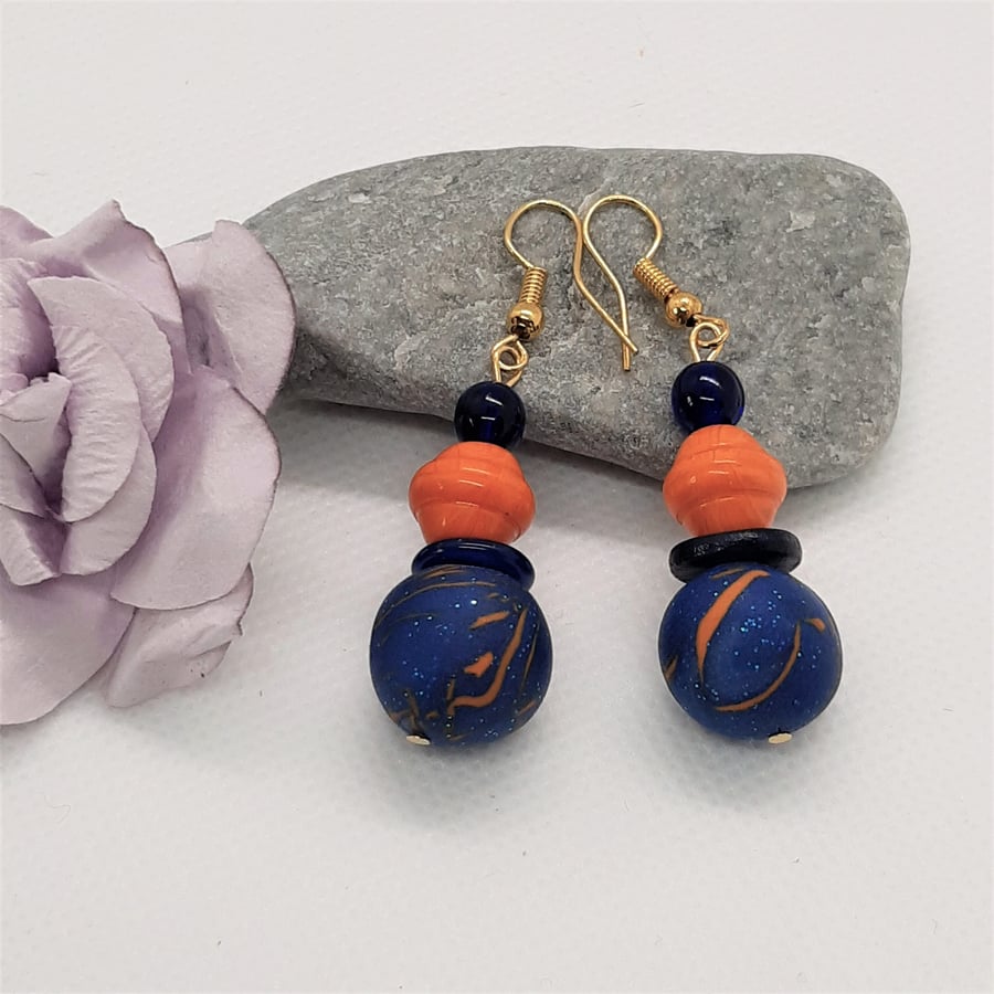 Orange and royal blue polymer clay earrings - Folksy