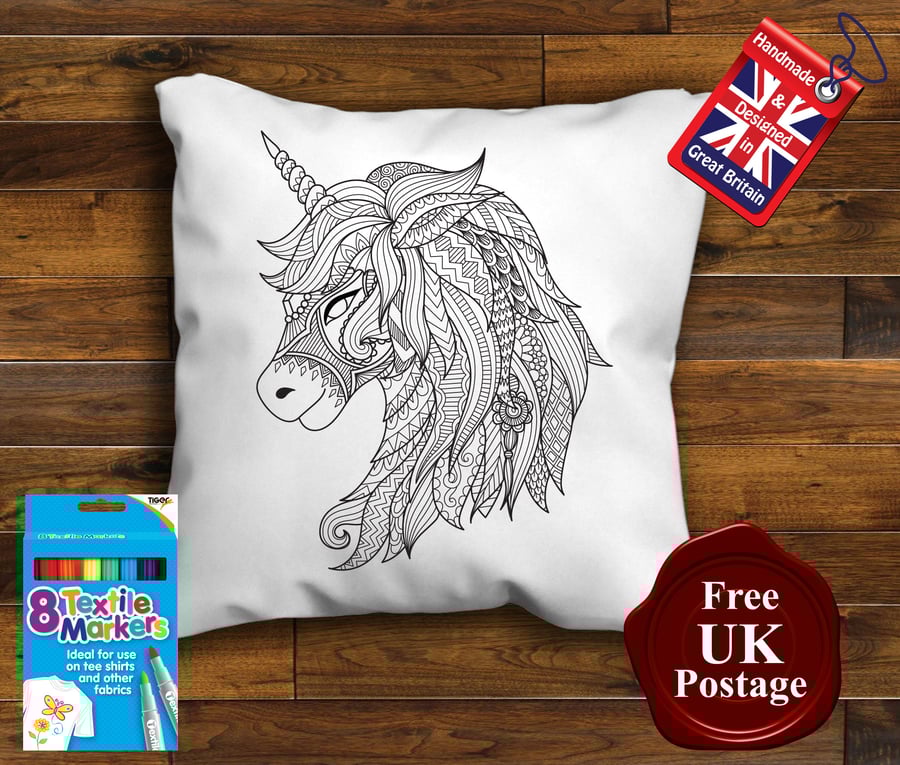 Unicorn Colouring Cushion cover, With or Without Fabric Pens Choose Your Size
