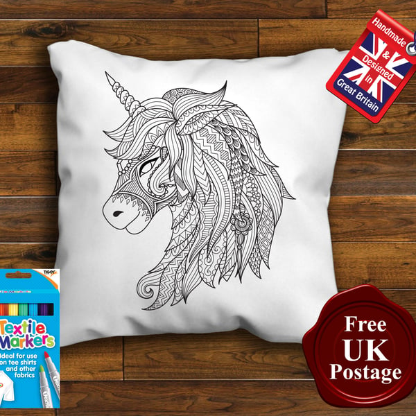 Unicorn Colouring Cushion cover, With or Without Fabric Pens Choose Your Size
