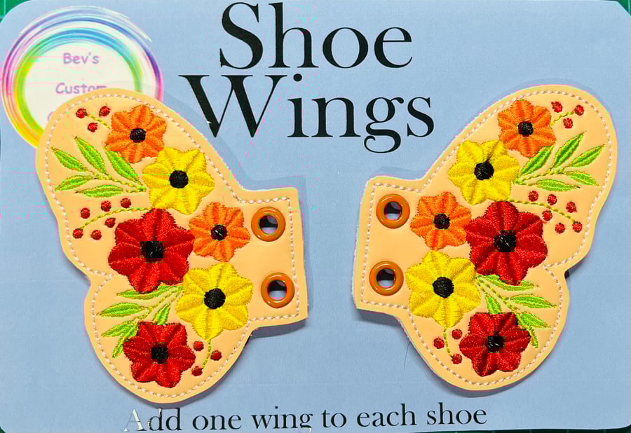 Floral butterfly Wings, Embroidered shoe,boot wings. Orange